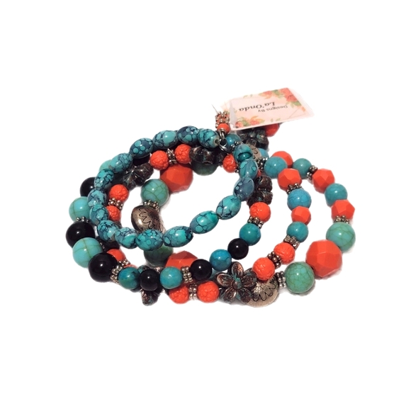Desert Sunset Western Multi-Wrap Memory Wire Bracelet in Teal, Coral, and Onyx - Picture 9 of 9